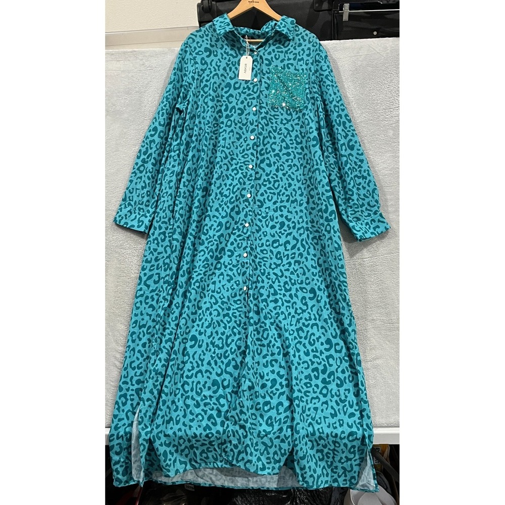 Pre-Owned Ador Blue Size 2XL Printed Shift Maxi Long Sleeve Dress Leopard Boho